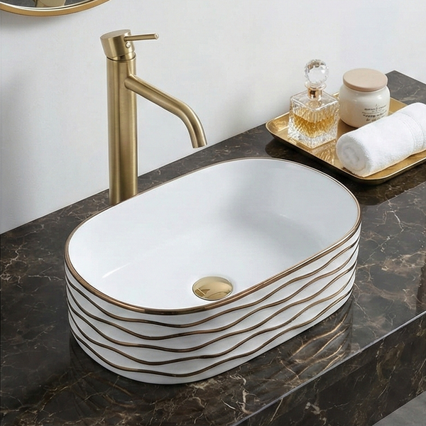 Premium Designer Ceramic Table Top Wash Basin, Rose Gold detailing Glossy finish (20 x 12 x 6 In) BTT-11838 White
