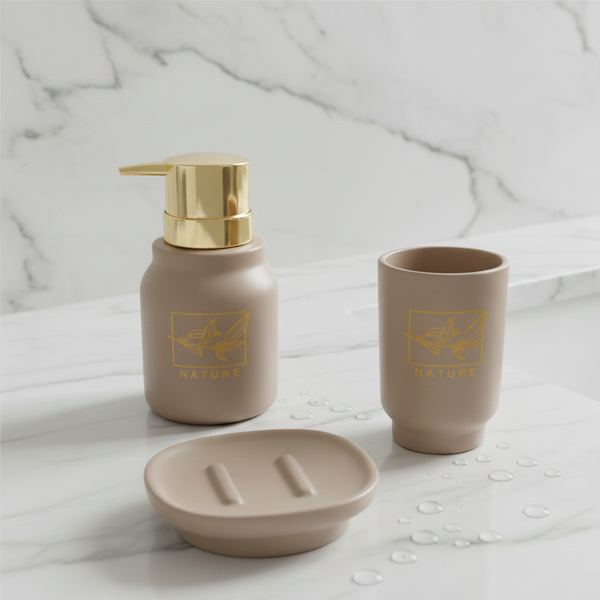 Ceramic 3-Piece Bathroom Accessory Set – Premium Gold Print Series Beige