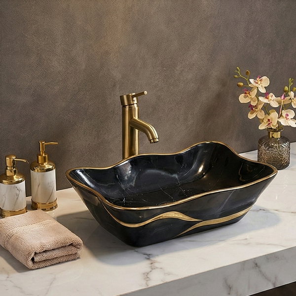 Premium Designer Ceramic Table Top Wash Basin, White & Black with Gold Glossy (20 x 15 x 6 In) Black