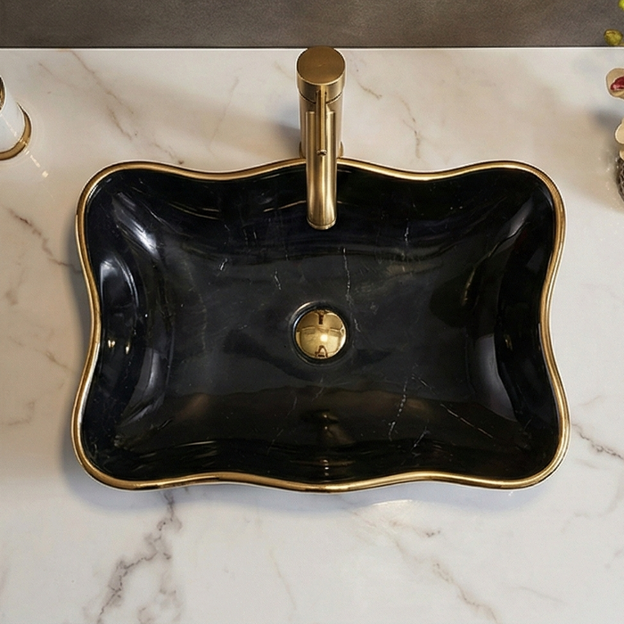 Premium Designer Ceramic Table Top Wash Basin, White & Black with Gold Glossy (20 x 15 x 6 In)