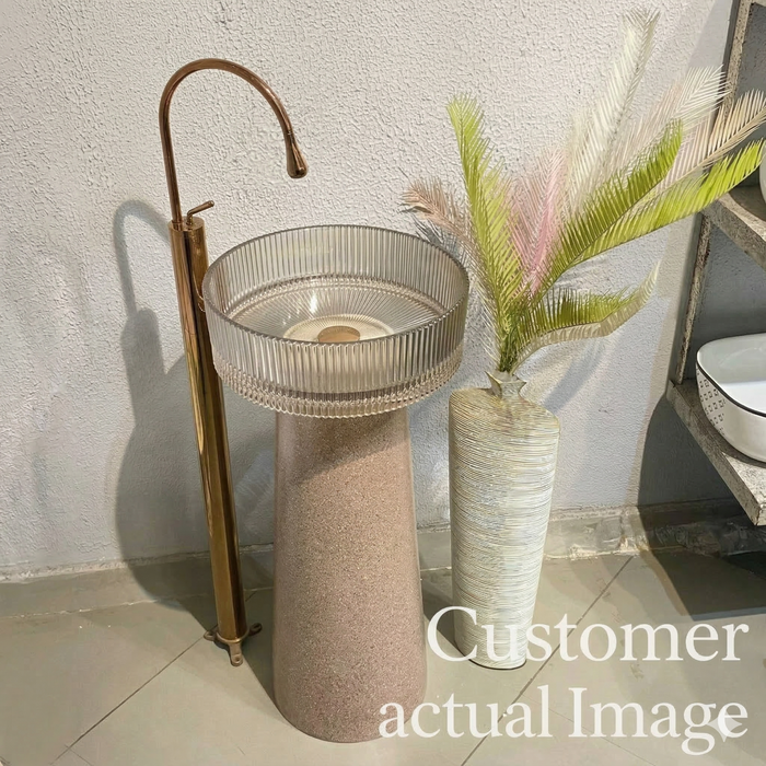 Glass Pedestal Wash Basin,size-16x16x34 Inch Brown Sand Stone