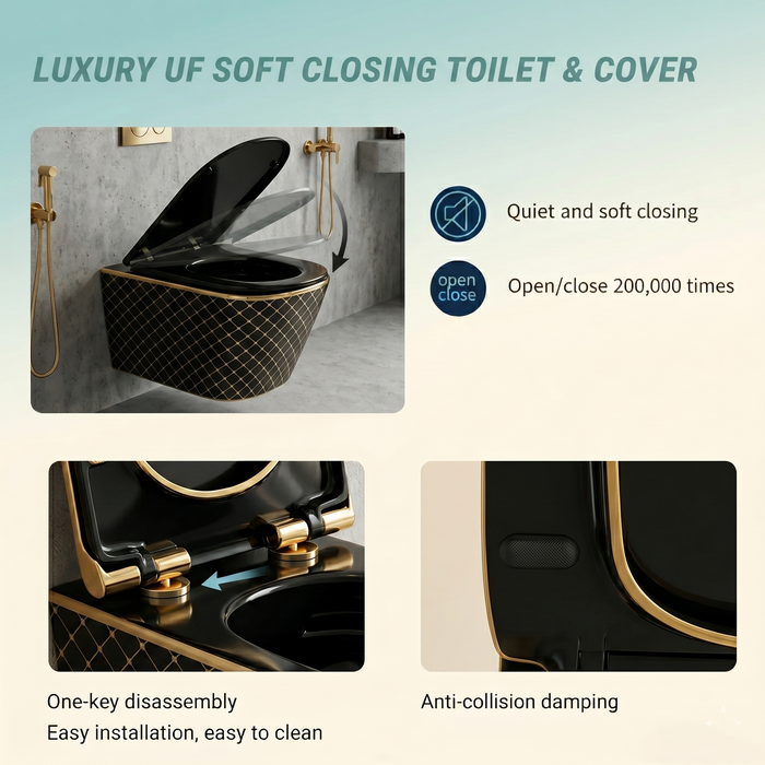 Bassino Black & Gold Designer Wall Hung Toilet – Rimless WC with UF Seat Cover | Luxury Modern Bathroom | 20.5 x 13.5 x 14 inches