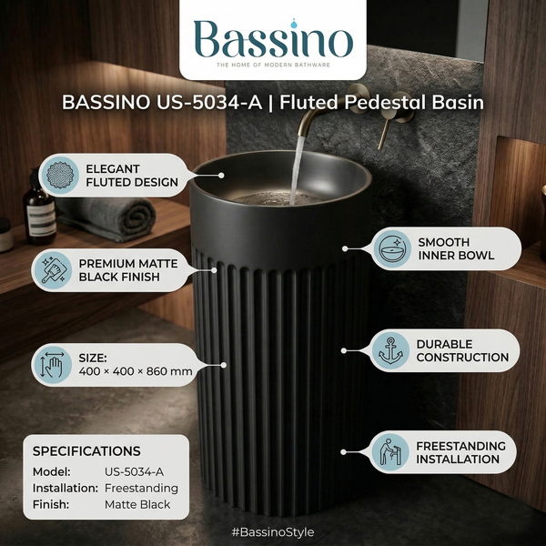 BASSINO Fluted Pedestal Basin – 16″ Matte Black Freestanding Designer Wash Basin