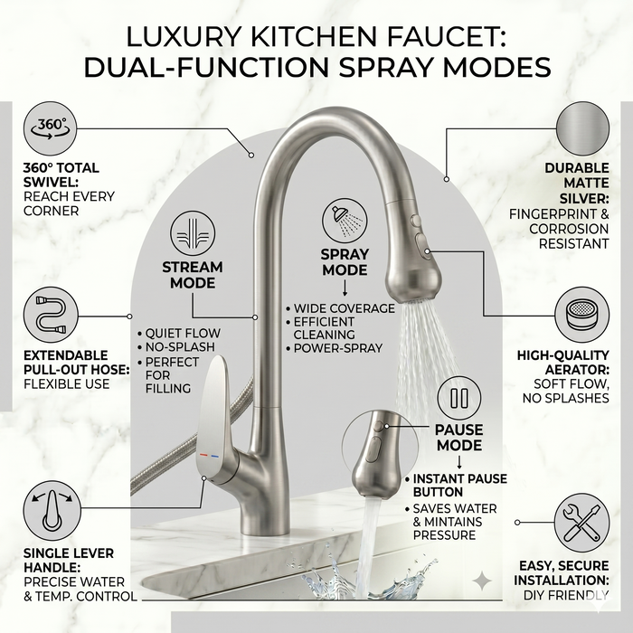 Premium 3-Function Kitchen Sink Mixer Tap – 360° Swivel | Multiple Finishes | 7-Year Warranty Silver Matt