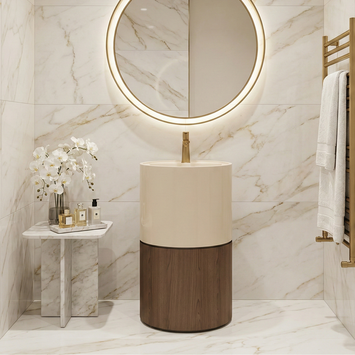 Luxury Artificial Pedestal Basin with Wooden Accent | Designer Freestanding Wash Basin | 19" × 19" × 37" In