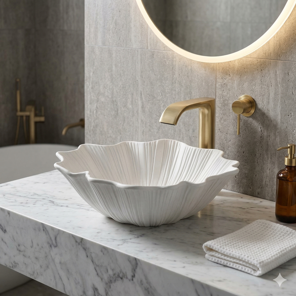 BASSINO Designer Artificial Table Top Basin – 18x16x6" Luxury Shell Shape Countertop Wash Basin