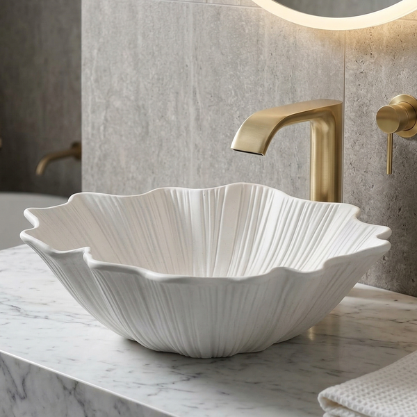BASSINO Designer Artificial Table Top Basin – 18x16x6" Luxury Shell Shape Countertop Wash Basin