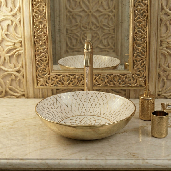 BASSINO Premium Moroccan Designer Obsidian White & Gold Tabletop Basin (16x16x6 Inch) White