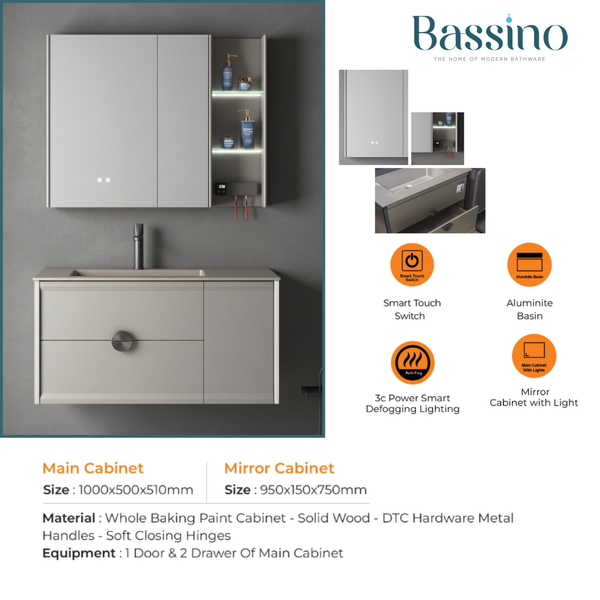 Luxury Bathroom Vanity | UV Toothbrush Sanitizer & Dryer | Smart Touch Anti-Fog Mirror | Aluminite Basin | Wall-Mounted Premium Cabinet Set