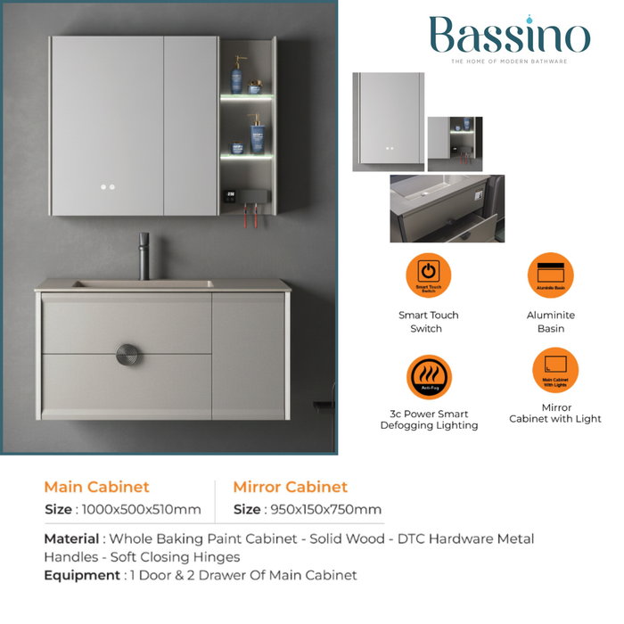 Luxury Bathroom Vanity | UV Toothbrush Sanitizer & Dryer | Smart Touch Anti-Fog Mirror | Aluminite Basin | Wall-Mounted Premium Cabinet Set