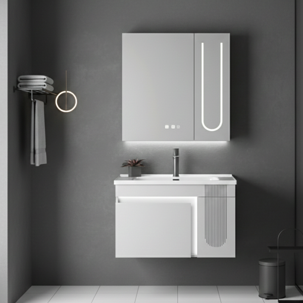 Bathroom Vanity Set - Motion Sensor Cabinet + Touch Smart Mirror + Integrated Ceramic Basin | 800mm