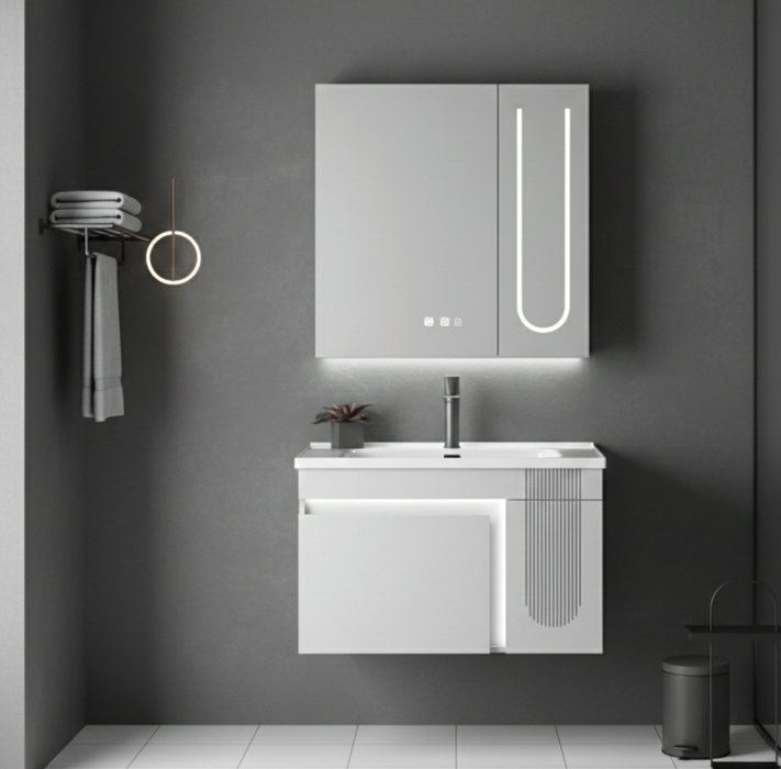 Bathroom Vanity Set - Motion Sensor Cabinet + Touch Smart Mirror + Integrated Ceramic Basin | 800mm