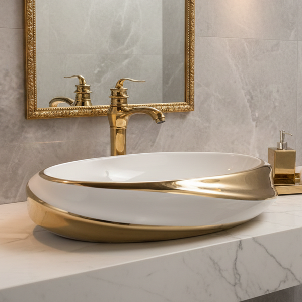 Premium Designer Ceramic Table Top Wash Basin, Gold Glossy (25 x 17.5 x 5 In) ZXTT/759