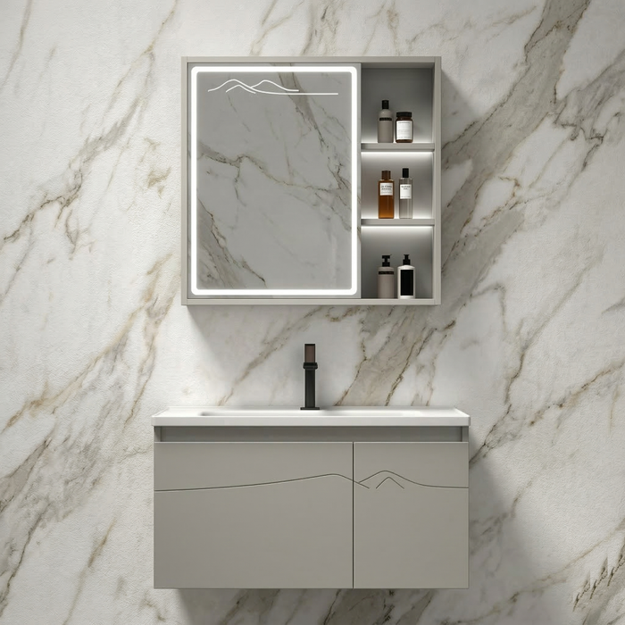 BASSINO Bathroom Vanity Cabinet Set – 24″ Plywood Vanity with Ceramic Basin & 23″ LED Mirror Cabinet