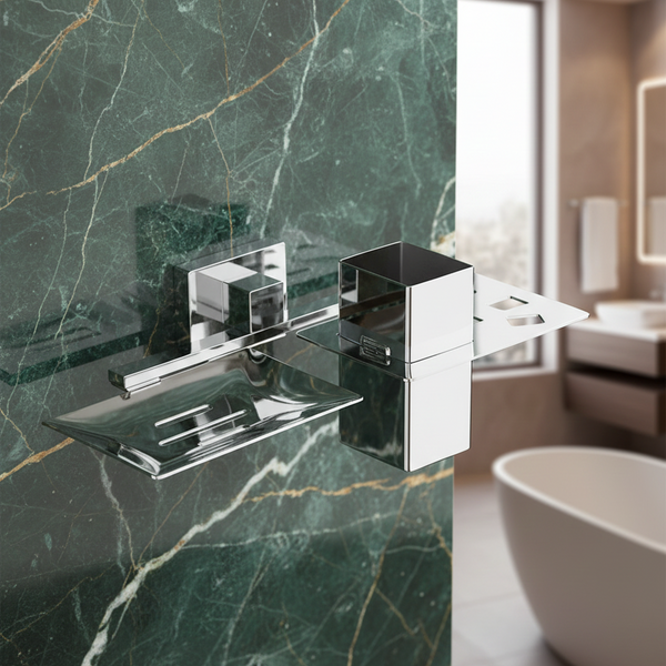 BASSINO Stylish Soap Dish & Toothbrush Tumbler For Bathroom/office/home/hotels-Brass,Glossy Finish | 2 in 1