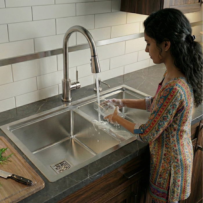 Premium SS 304 Grade Double Equal Bowl Kitchen Sink, Matte Finish, 30x18x9 In, 25 Years Warranty