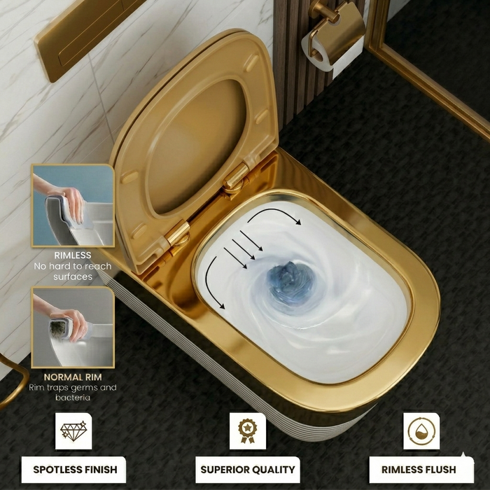Bassino Gold Luxury Wall Hung Toilet – Rimless WC with UF Seat Cover | 20.5 x 13.5 x 14 Inches