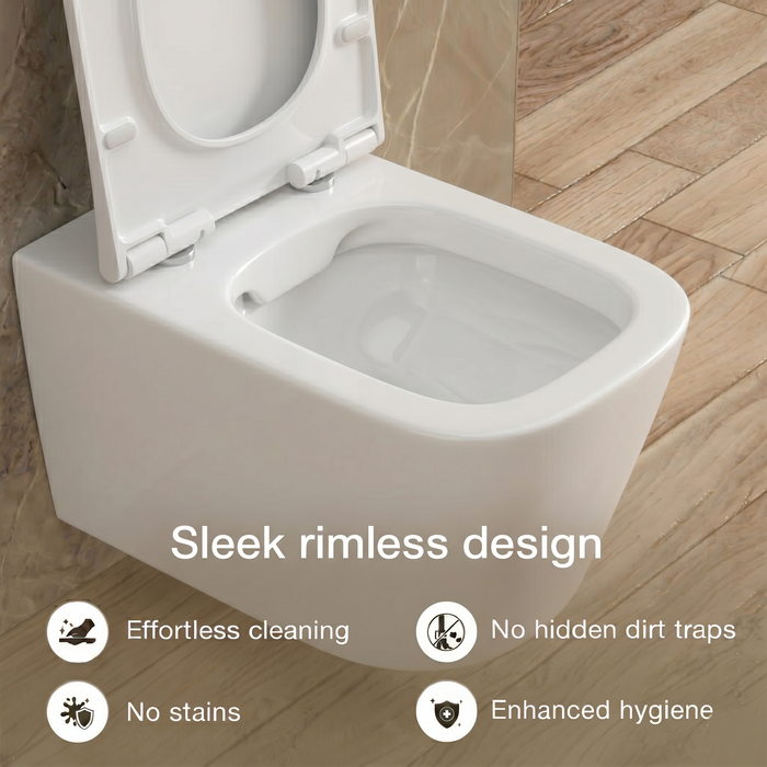 Bassino Wall Hung Rimless Toilet – White Glossy Finish with UF Seat Cover | Modern Compact WC | | 20.5 x 13.5 x 14 inches