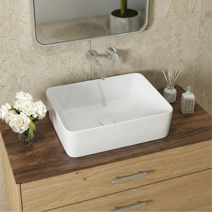 Luxury Modern Ceramic White Rectangular Table Top Basin (BOLT)(485x380x135mm)
