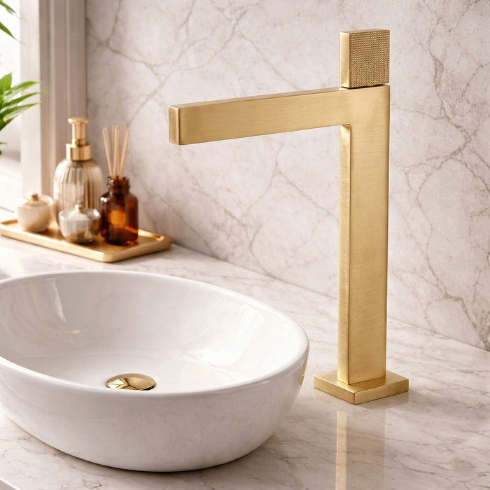 Premium Brass Tall Basin Mixer Faucet, Brushed Gold Finish (Hot & Cold) NCGF-515 – 5 Years Warranty
