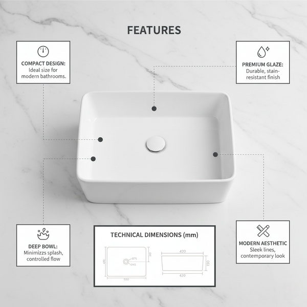 Premium Modern Ceramic White Rectangular Table Top Basin (ORCHID) (550x420x150mm)