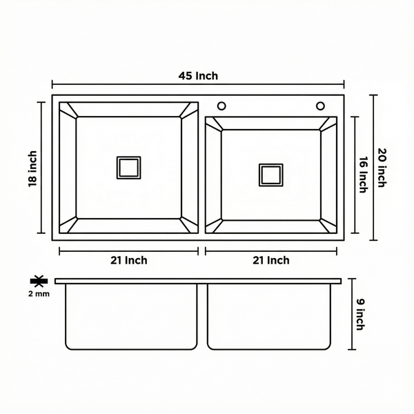 Premium SS 304 Grade Double Different Bowl Kitchen Sink, Matte, 45x20x9 In, 25 Years Warranty