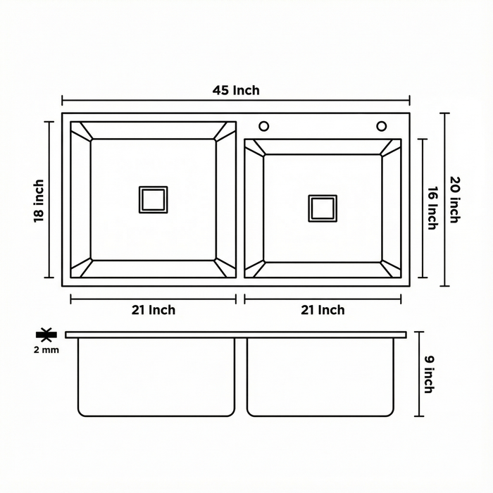 Premium SS 304 Grade Double Different Bowl Kitchen Sink, Matte, 45x20x9 In, 25 Years Warranty