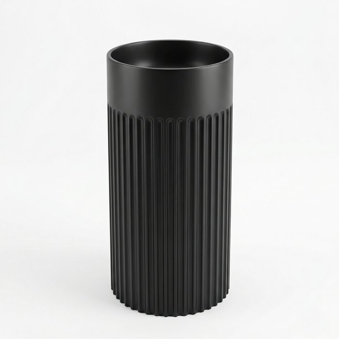 BASSINO Fluted Pedestal Basin – 16″ Matte Black Freestanding Designer Wash Basin