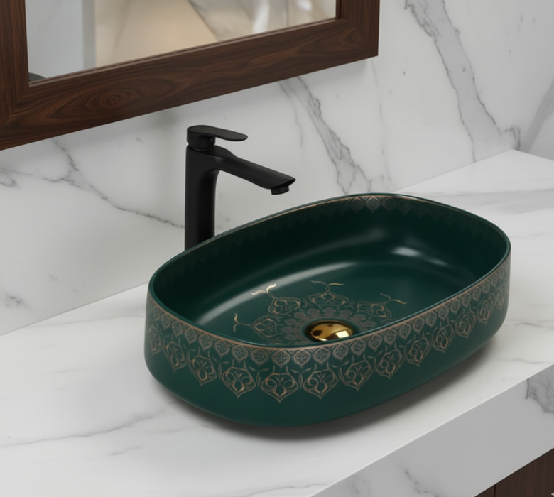 Designer Ceramic Wash Basin (Green Gold Moroccan design - 21 x 14 x 6 In - AB615)