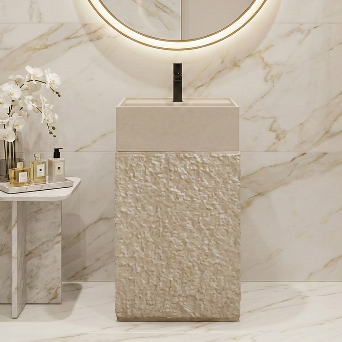 Luxury Artificial Pedestal Basin | Designer Freestanding Wash Basin | 19 × 19 × 37 In