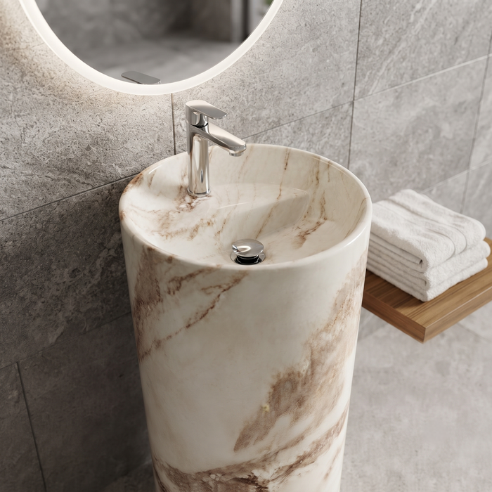 Bassino 15″ Round Ivory Marble-Effect Ceramic Pedestal Wash Basin – Glossy Finish (15″ × 15″ × 33″)