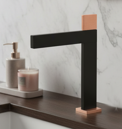 Premium Brass Tall Basin Mixer Faucet, Black Body with Rose Gold Handle (Hot & Cold) NCGF-514 – 5 Years Warranty