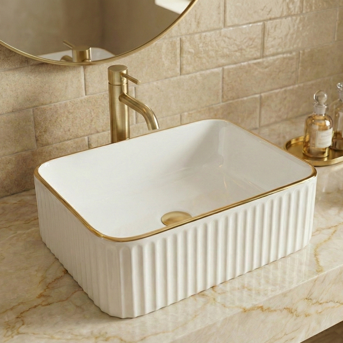 Bassino Luxury Counter Top Wash Basin with Gold Line | Designer Table Top Basin | Approx. 20 × 15 × 7 Inches