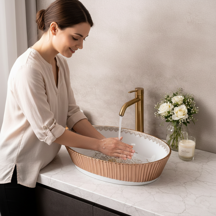 Luxury Oval Table Top Wash Basin – Glossy White with Rose Gold Pattern | Designer Bathroom Basin (20″ × 13″ × 6″ IN) BTT-11722