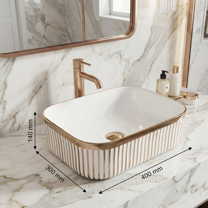 Designer Countertop Wash Basin | 16 × 12 × 6 Inch Luxury Bathroom Basin | Gold & Rose Gold Finish Variants