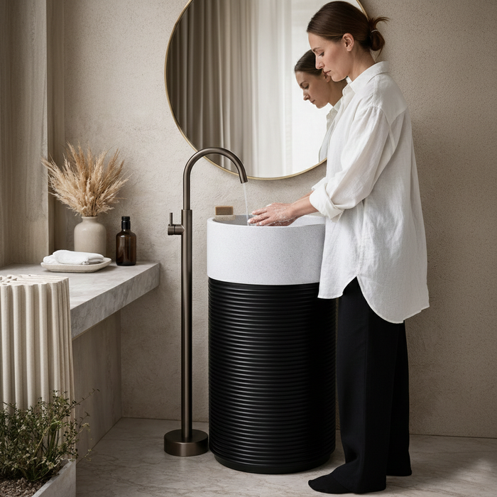 Black & White Artificial Stone Pedestal Basin | Designer Freestanding Wash Basin 18″ × 18″ × 34″ In