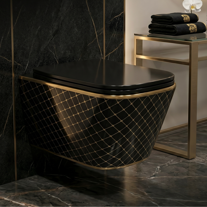 Bassino Black & Gold Designer Wall Hung Toilet – Rimless WC with UF Seat Cover | Luxury Modern Bathroom | 20.5 x 13.5 x 14 inches