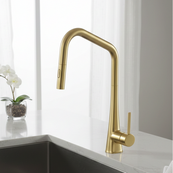 BASSINO Pull Down Kitchen Mixer Tap – Brushed Gold | Single Lever | Flexible Spray | Stainless Steel Pull Head | Modern Kitchen Faucet - 5 years Warranty