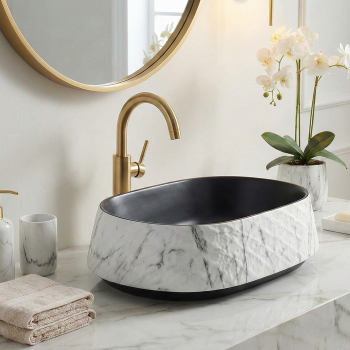 Premium Designer Ceramic Table Top Wash Basin, Matt Marble Finish (20 x 15 x 5 In) EQP-1046