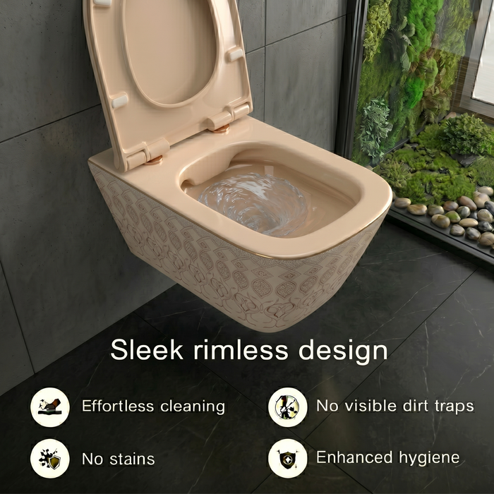 Bassino Wall Hung Toilet (21 x 13 x 14 Inches) – Satin Khakhi Moroccan Finish Rimless WC with UF Seat Cover