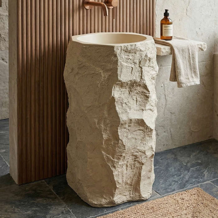 BASSINO Stone Finish Pedestal Basin – Designer Freestanding Wash Basin in Matt Ivory
