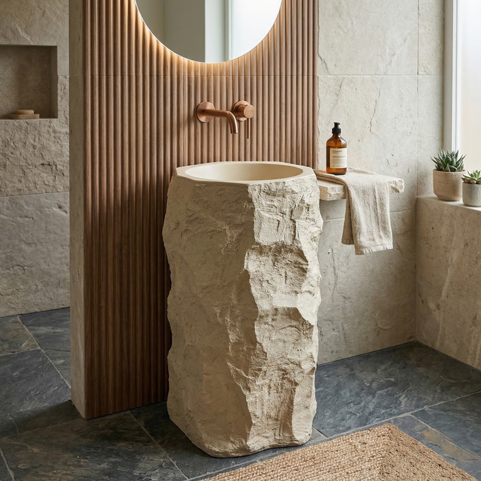 BASSINO Stone Finish Pedestal Basin – Designer Freestanding Wash Basin in Matt Ivory