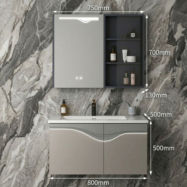 BASSINO Bathroom Vanity Cabinet Set – 32″ Plywood Vanity with Ceramic Basin & 30″ LED Mirror Cabinet