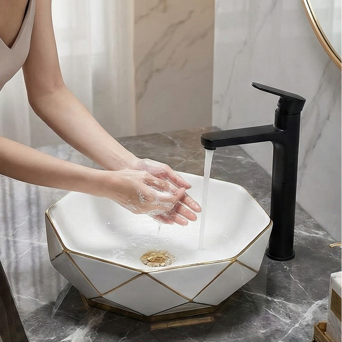 Premium Designer Ceramic Table Top Wash Basin, Gold & White Matt (16 x 16 x 5.5 In) EQP-1050