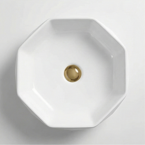 Premium Designer Ceramic Table Top Wash Basin, Gold & White Matt (16 x 16 x 5.5 In) EQP-1050