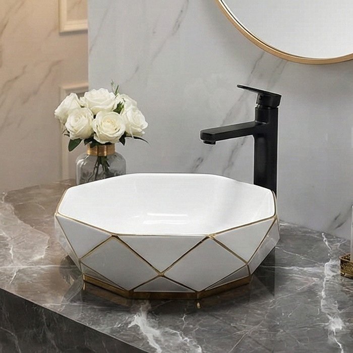 Premium Designer Ceramic Table Top Wash Basin, Gold & White Matt (16 x 16 x 5.5 In) EQP-1050