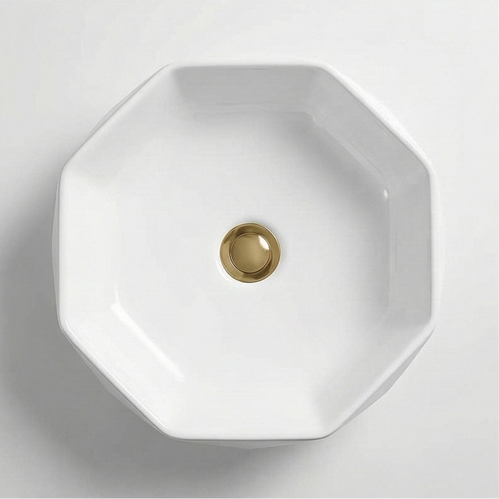 Premium Designer Ceramic Table Top Wash Basin, Gold & White Matt (16 x 16 x 5.5 In) EQP-1050