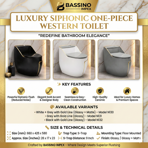 Luxury Siphonic One-Piece Western Toilet | Designer Floor Mounted WC with Gold Line | Approx. 26 × 17 × 23 Inches White