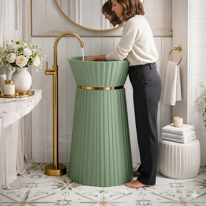 Sculpted Elegance with Rose Gold Accent Artificial Stone Pedestal Basin 17.5″ × 17.5″ × 34″ In Green