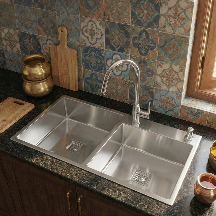 Premium SS 304 Grade Double Different Bowl Kitchen Sink, Matte, 32x18x9 In, 25 Years Warranty